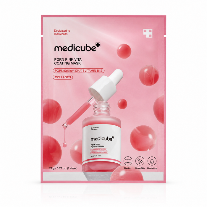 Envase de mascarilla facial PDRN Pink Vita Coating Sheet Mask de la marca Medicube.