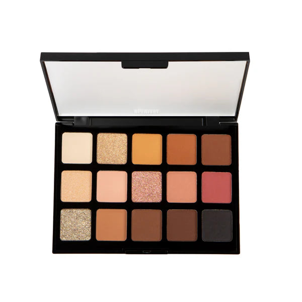 Paleta de sombras neutras Harmony II de BPerfect Cosmetics abierta mostrando su gama de tonos mate y brillantes con espejo integrado.