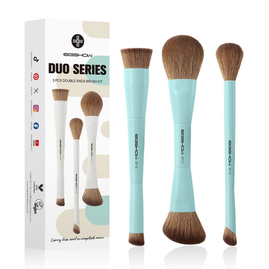 Set de 3 brochas doble punta EIGSHOW Duo Series en un vibrante color Cyan.