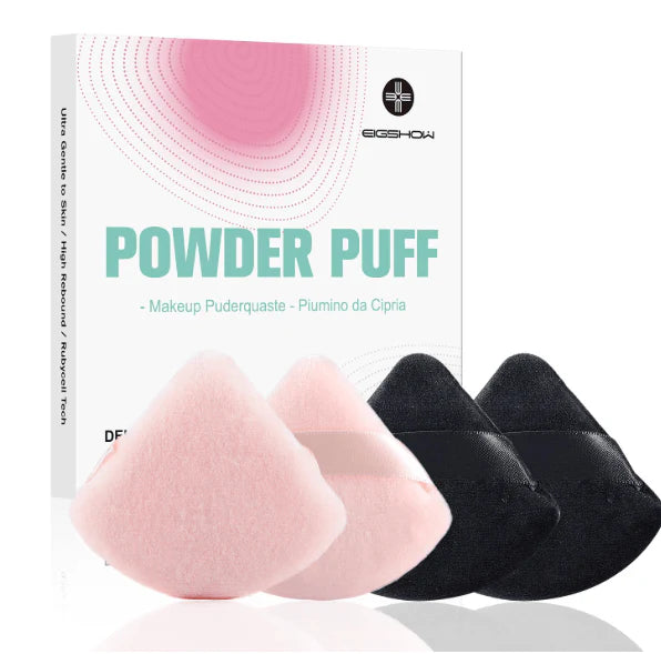 Set de 4 borlas triangulares de maquillaje EIGSHOW en colores Baby Pink y Black.