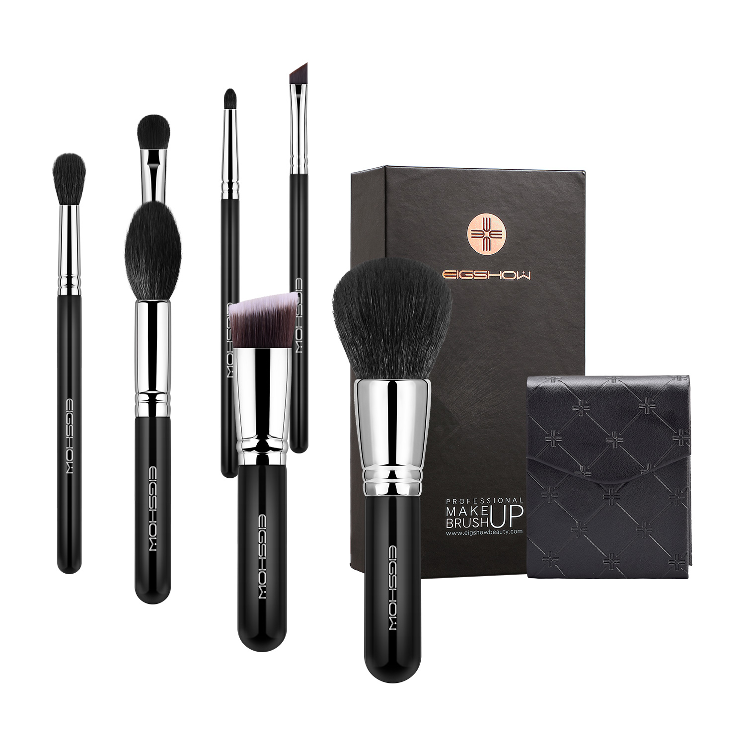Set de 7 brochas de maquillaje EIGSHOW Chic Series en tono plata brillante.
