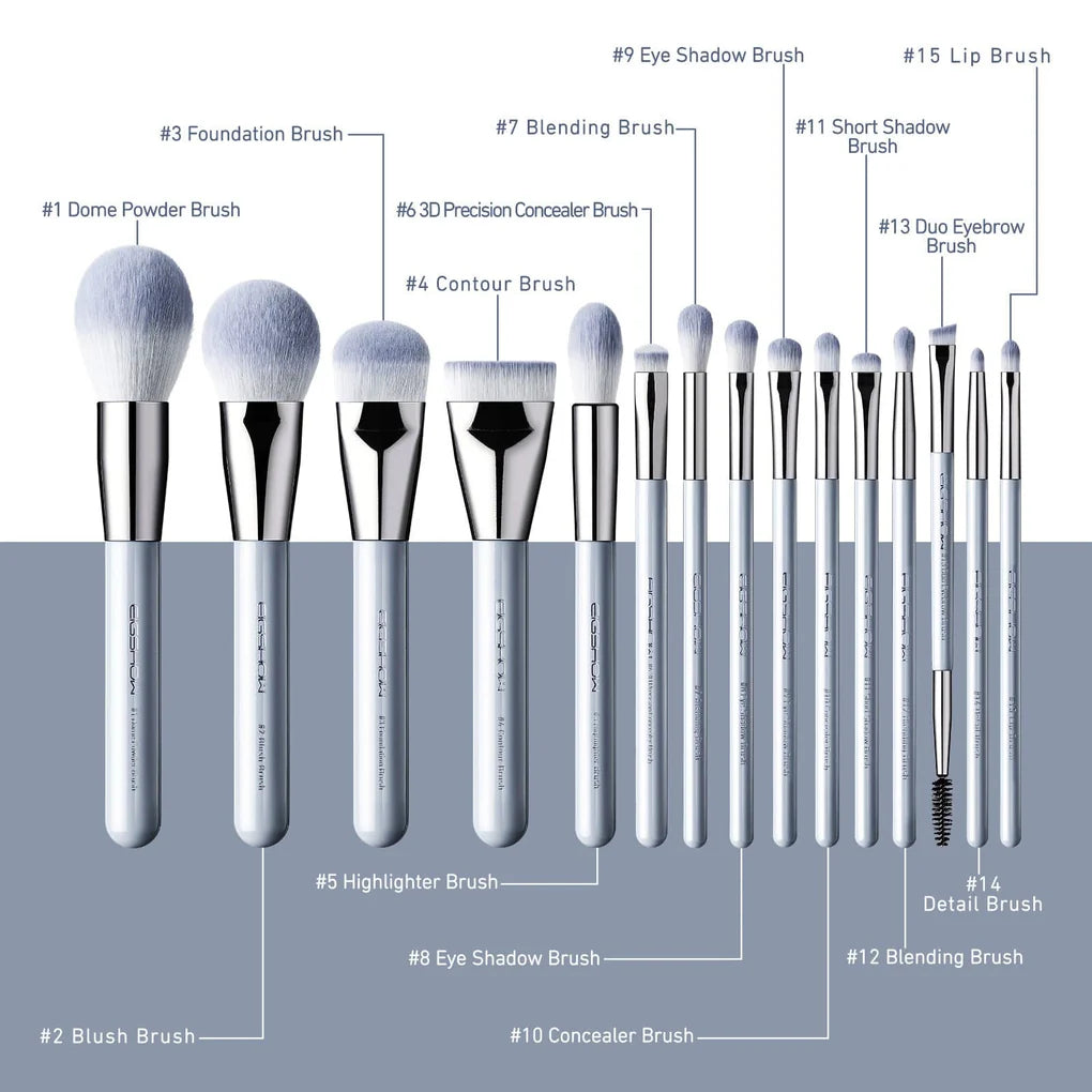Kit completo de 15 herramientas de belleza premium Baby Blue con su base de almacenamiento sustentable para e-commerce.
