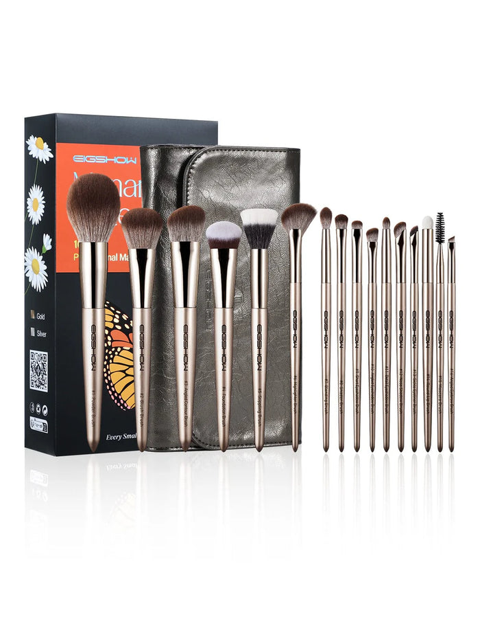 Set de 16 brochas de maquillaje profesional EIGSHOW Monarch Butterfly con su estuche de viaje.