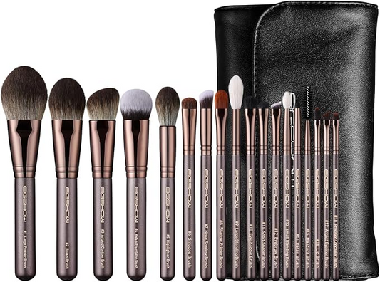 Set de 18 brochas profesionales de maquillaje con mangos cóncavos negros EIGSHOW Morning Glory y estuche de viaje.
