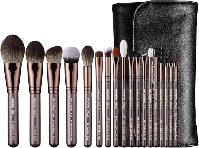 Set de 18 brochas profesionales de maquillaje con mangos cóncavos negros EIGSHOW Morning Glory y estuche de viaje.