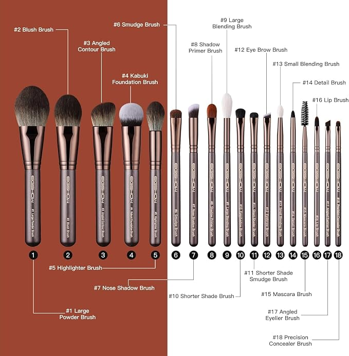 Kit completo de 18 pinceles de maquillaje profesional organizados dentro de su estuche de piel sintética negra de alta gama.