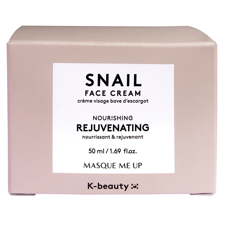 Tarro de crema facial de la marca Masque Me Up con fórmula regeneradora Snail Face Cream.