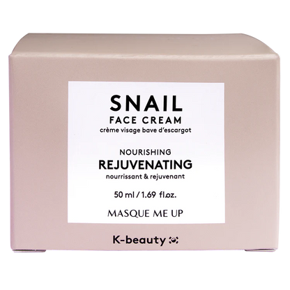 Tarro de crema facial de la marca Masque Me Up con fórmula regeneradora Snail Face Cream.