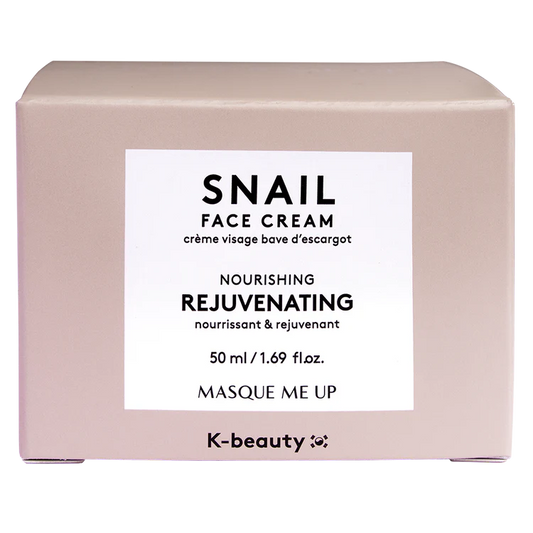 Tarro de crema facial de la marca Masque Me Up con fórmula regeneradora Snail Face Cream.