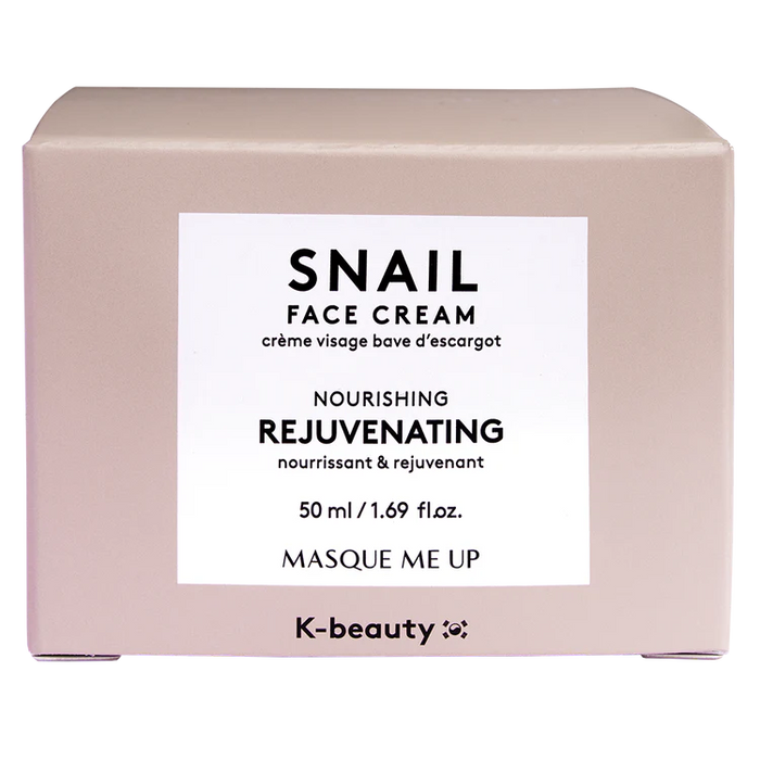 Tarro de crema facial de la marca Masque Me Up con fórmula regeneradora Snail Face Cream.