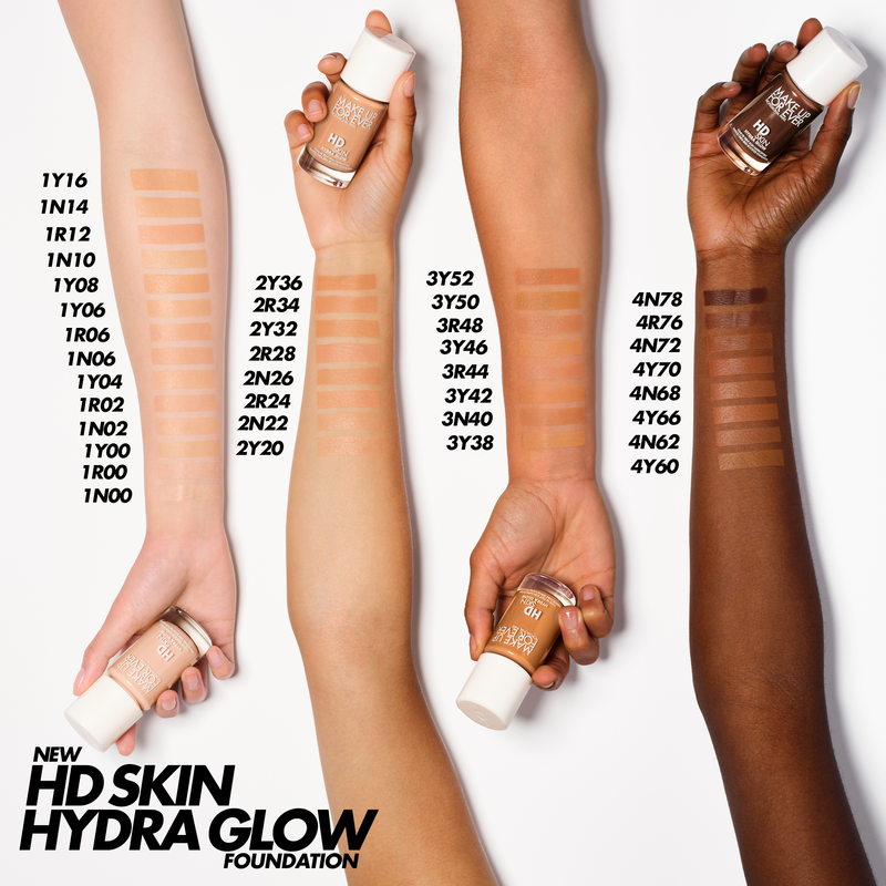 Frasco original de la base de maquillaje líquida hidratante HD Skin Hydra Glow de la marca Make Up For Ever.