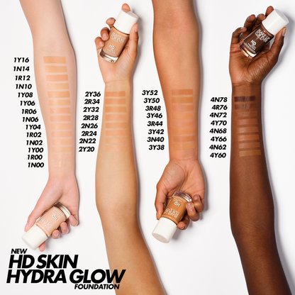 Frasco original de la base de maquillaje líquida hidratante HD Skin Hydra Glow de la marca Make Up For Ever.
